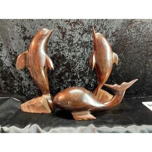 Vintage Hand Carved Ironwood Dolphin and Whale Sculpture Set 3 Piece Marine Life